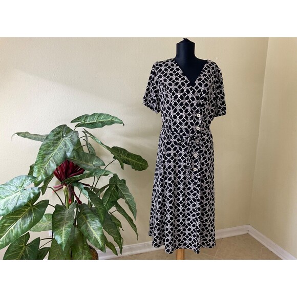NWT Talbots M Black White Dot Print Faux Wrap belted Dress button accents - Picture 1 of 12